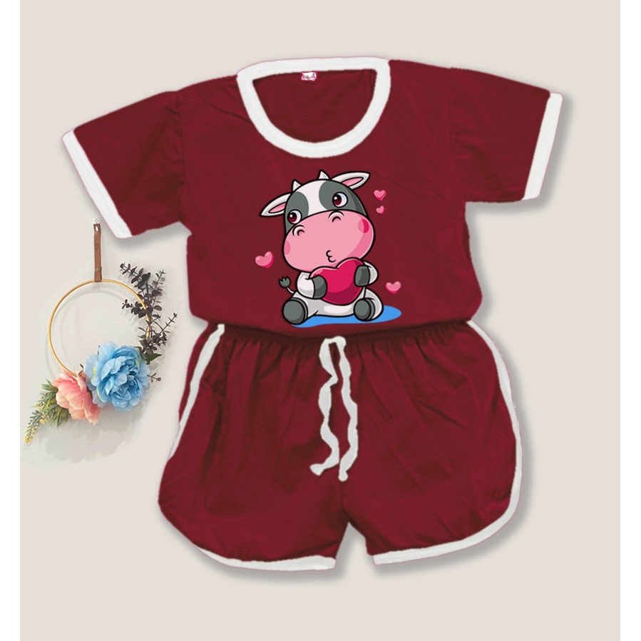 Setelan Baju Playful Colour Anak Karakter Cow / Setelan Anak Unisex Usia 1-5 tahun