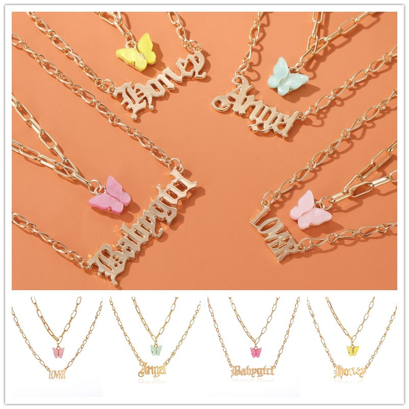 Double Butterfly Necklace for Women Girls Korean Fashion Letter Angel Pendant Clavicle Chain Jewelry Accessories Gift