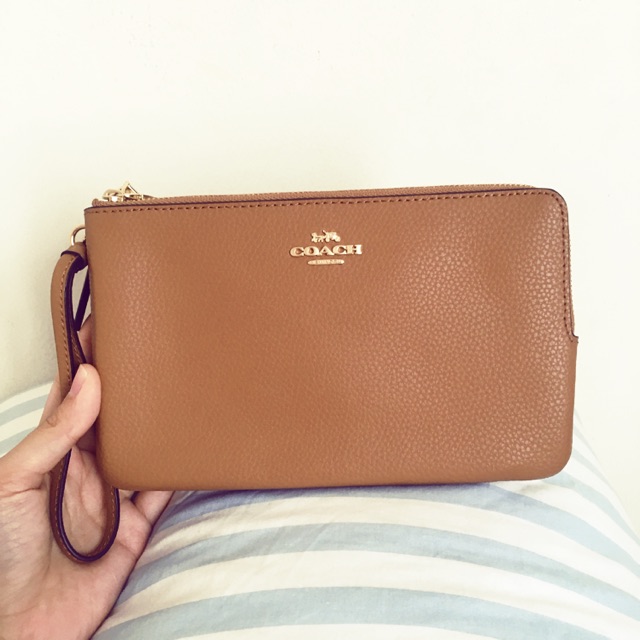 Coach Large Double Zip Wristlet Light Saddle