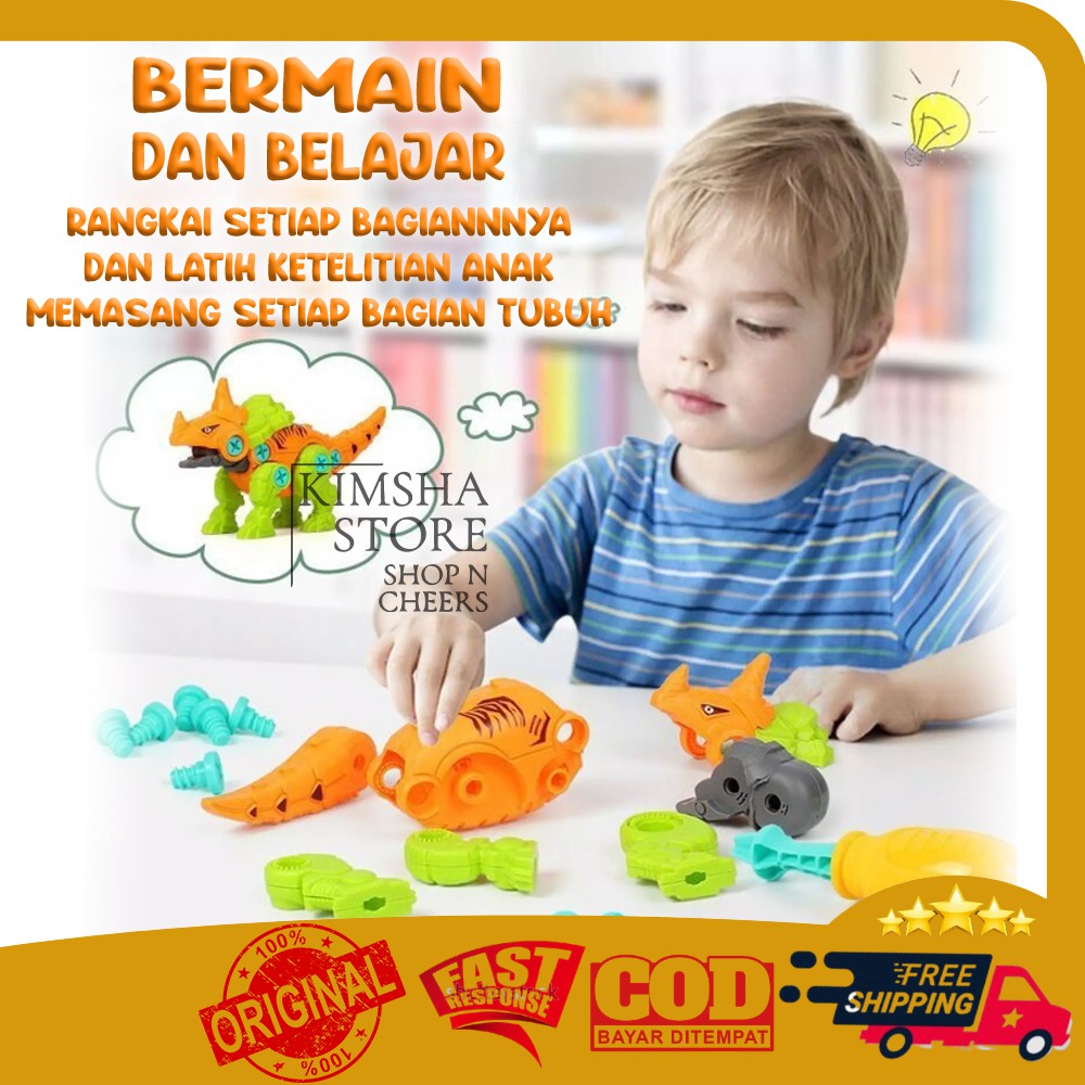 DIY Dinosaurus 2 in 1 Assemble Dino Puzzle Education Toys Unpacking Screwdriver Mainan Edukasi Anak 