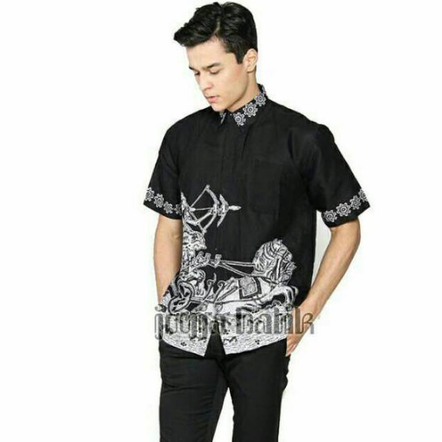 Kemeja batik pria lengan pendek motif hitam putih cream manisarjuna memanah