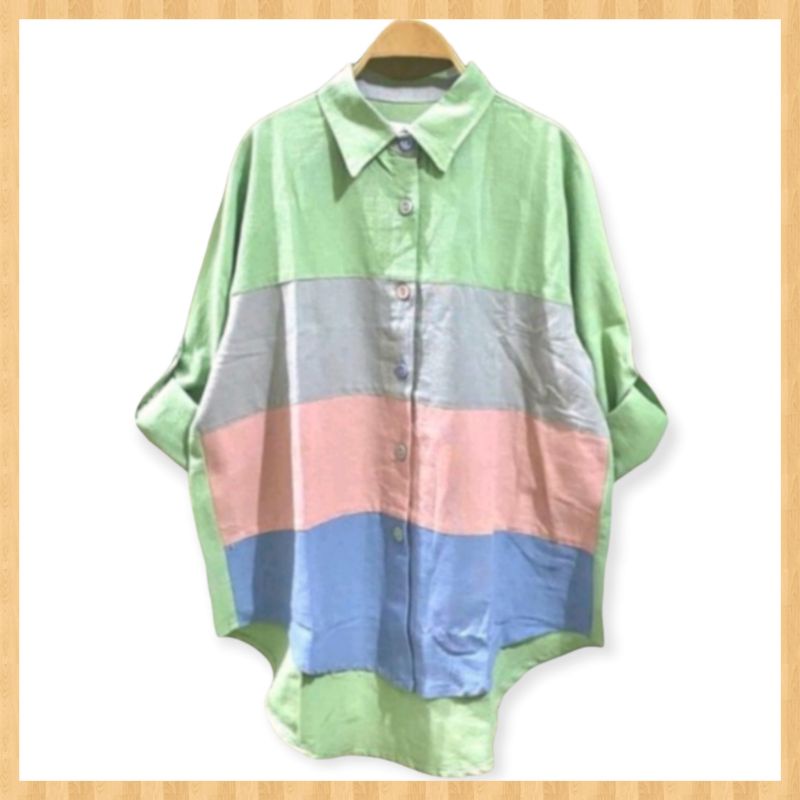 Atasan Blouse Kemeja Wanita Katun Linen Impor Terbaru-Kerah Hijau
