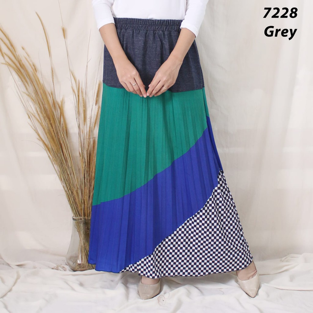 ROK PLISKET WANITA KOMBINASI 7228 PLEATS SKIRT KOMBINASI WARNA TWO TONE TURUN HARGA