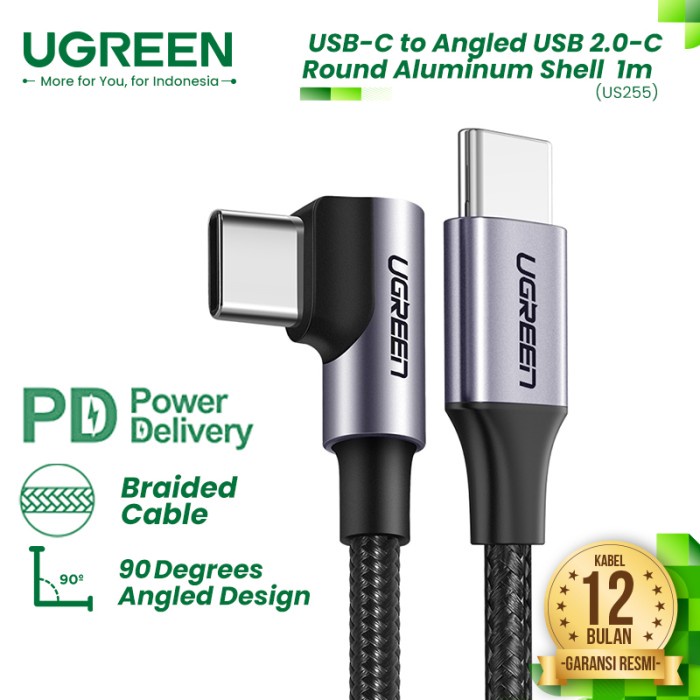 UGREEN USB-C To USB-C Cable 90° 60W/480Mbps Nylon Braided - US255