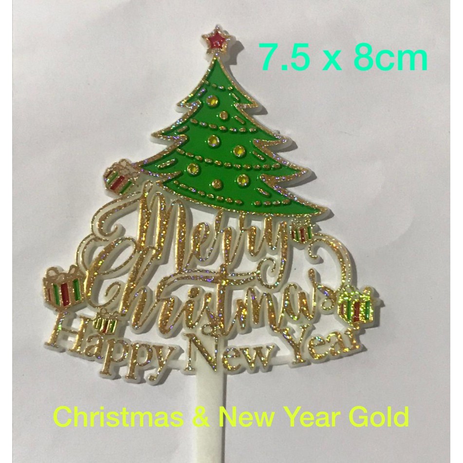 Hiasan Kue - Cake Cake Topper Merry Christmas Happy New Year Gold