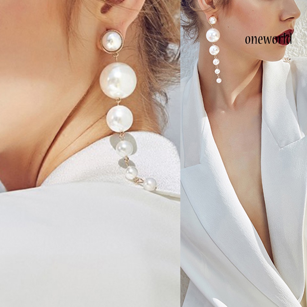 OW@ Elegant Faux Pearls Long Earrings Pearls String Linear Dangle Wedding Party Gift