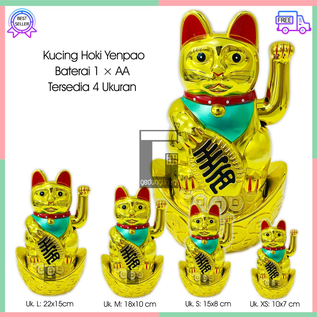 Patung Hiasan Dekorasi Boneka Pajangan Kucing Hoki Keberuntungan Lucky Cat Rejeki Maneki Neko Maneko Neki Emas Gold Tangan Gerak Goyang Baterai Batre Batrai Batrei Non Solar Listrik Cina China Jepang Meja Toko Kasir Size Ukuran Kecil Sedang Medium Besar