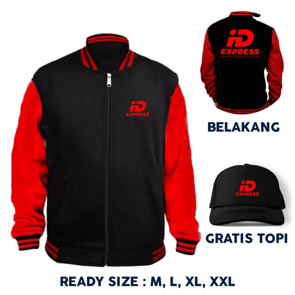 JAKET BASEBALL HITAM MERAH KURIR ID EXPRESS DRIVER ONLINE VARSITY ZIPPER GRATIS TOPI