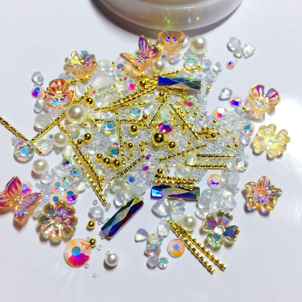 AUGUSTINA Agustin 3D Nail Art Dekorasi Set Aurora Warna-Warni DIY Kristal Manikur Aksesoris Mutiara Manik-Manik Bunga Pesona Kuku