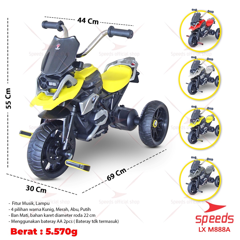 SPEEDS Sepeda Motor Anak Manual Mainan Motor Anak Roda 3 Baterai Sepeda Motor Manual M888A