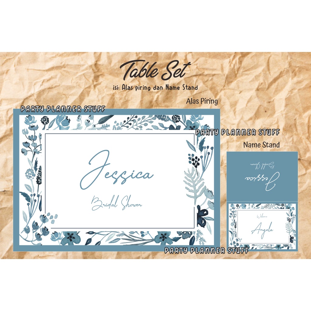 Table set tema blue flower dekor meja makan cantik bridal shower / sweet 17th birthday / sweet seven