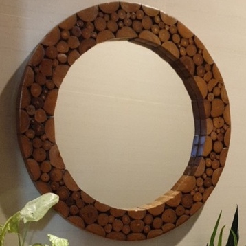 Cermin bulat aesthetic Kaca cermin kayu tempel dinding
