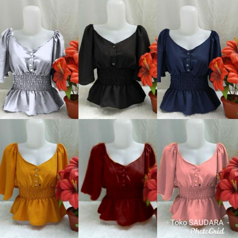 ilona blouse v kancing 3 kerut pinggang