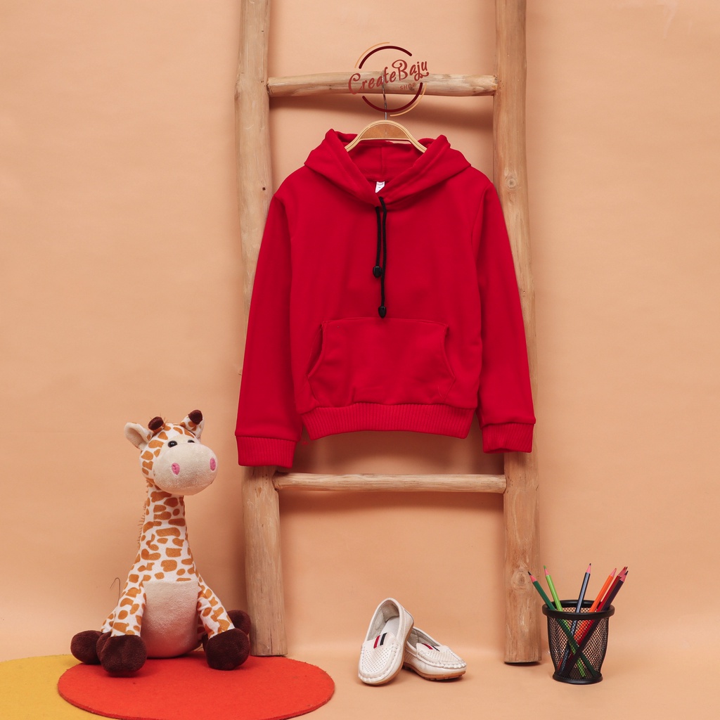 JAKET HOODIE ANAK UNISEX POLOS MERAH BAHAN FLEECE LENGAN PANJANG FASHION TERMURAH JAKET ANAK KANTONG DEPAN POLOS