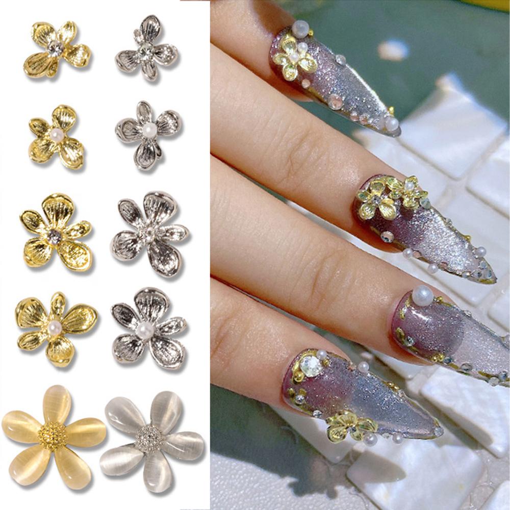 Mxbeauty Bunga Perhiasan Kuku Emas 1/5Pcs Gaya Jepang Bahan Metal Alloy Manicure Aksesoris