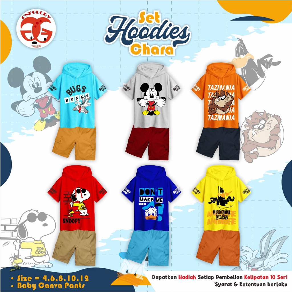 Set Hoodie Lengan Celana Pendek Anak Laki Cowok One Glory Chara Motif Kartun