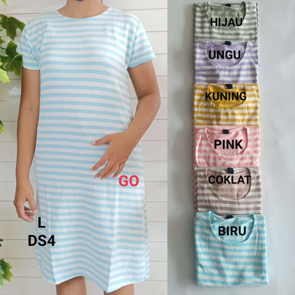 gof DS LMN DRESS/DASTER Wanita Casual Motif Garis Salur Pakaian Perempuan Lengan Pendek