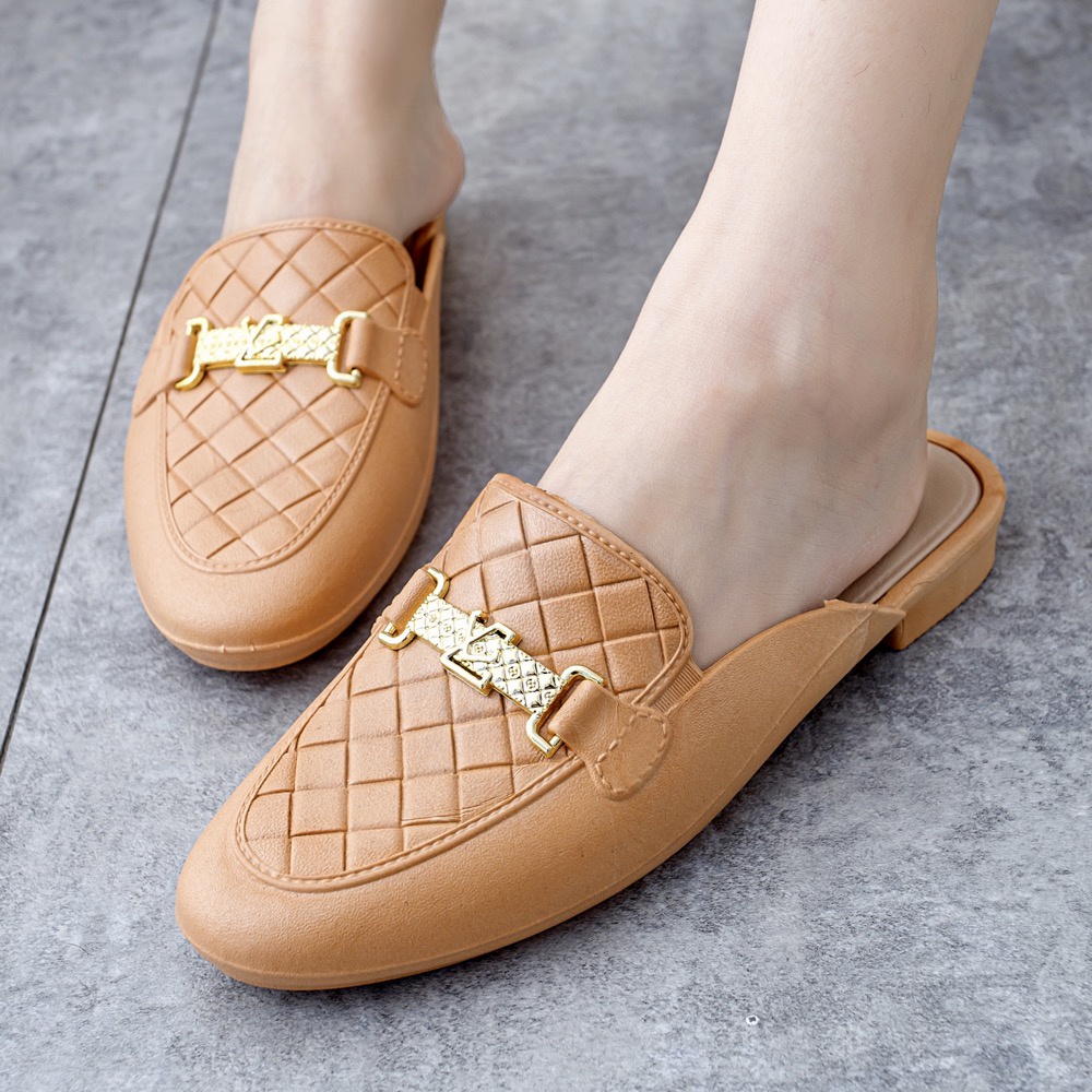 Sepatu Slop mules korea Jelly Karet Wanita Gesper LV Hak 3 cm Cantik Elegan Formal Mewah Impor MGR Mokaya Balance(1609/009)/ Size 36-40