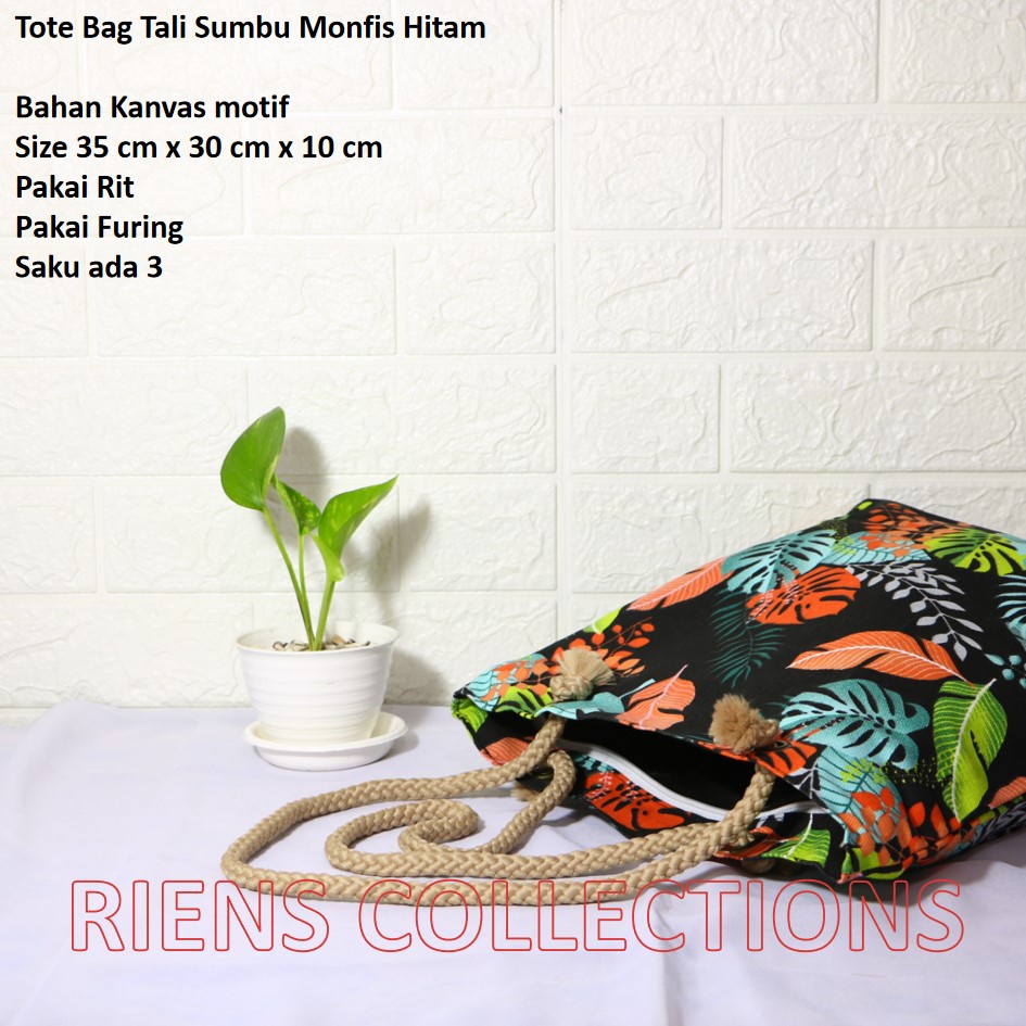 TOTEBAG KANVAS TALI SUMBU MOTIF MONFIS HITAM. TAS KANVAS. TAS JOGJA. SOUVENIR JOGJA. Riens Collections