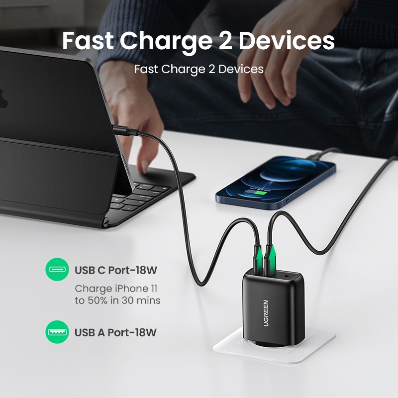 UGREEN PD Charger 36W, Fast Charge for iPhone 12 11 ,Quick Charge 3.0 ,USB Charger for Xiaomi Samsung ,Mobile Phone Charger