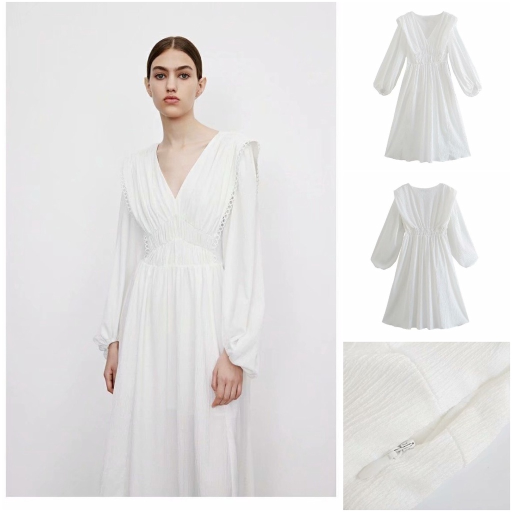 62585 White Lovely V Neck Dress / Dress Pesta Midi Putih Polos