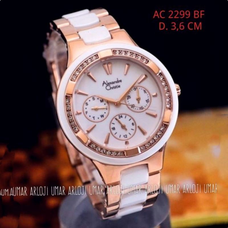 Jam Cewek Alexandre Christie Ac 2299 Bf Keramik Putih Original
