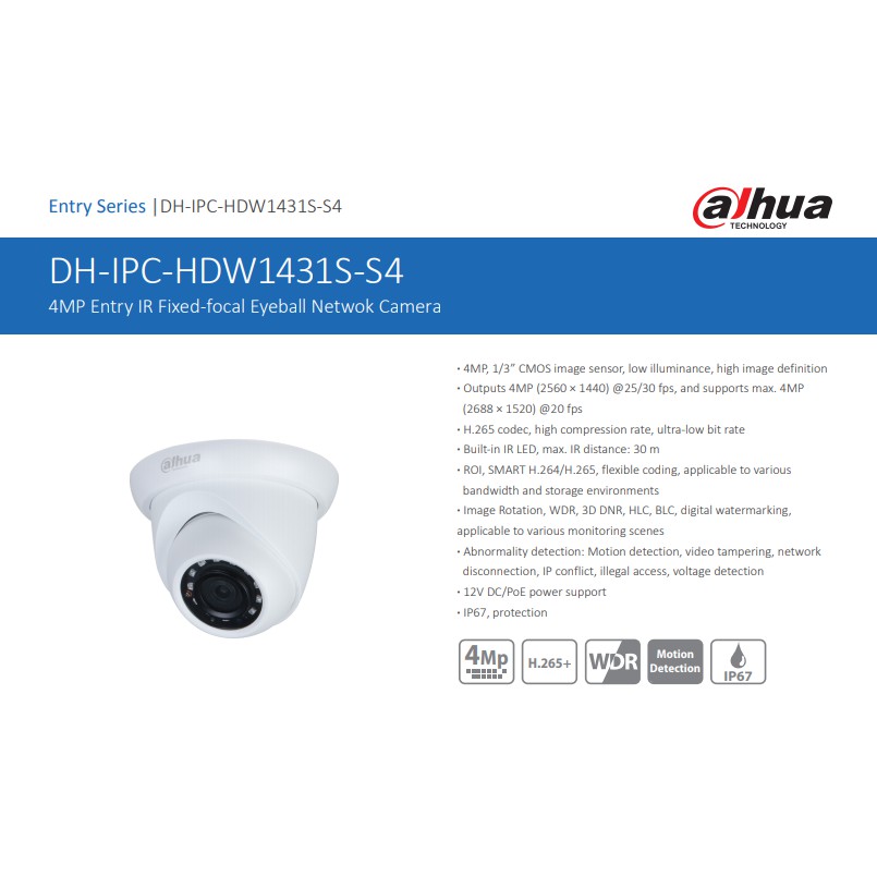 Dahua CCTV IPC Camera Series DH-IPC-HDW1431S-S4 4MP Entry IR Fixed-focal Eyeball Netwok Camera
