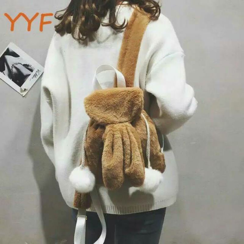 Tas Ransel Wanita Lucu Model Terbaru Pikaboy Ransel Bulu PomPom Tas Bulu Korea style