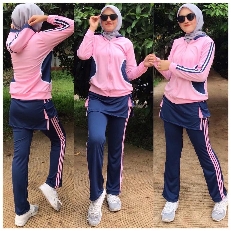 Setelan senam slim baby pink navy / baju senam olahraga aerobik fitness gym / set senam panjang