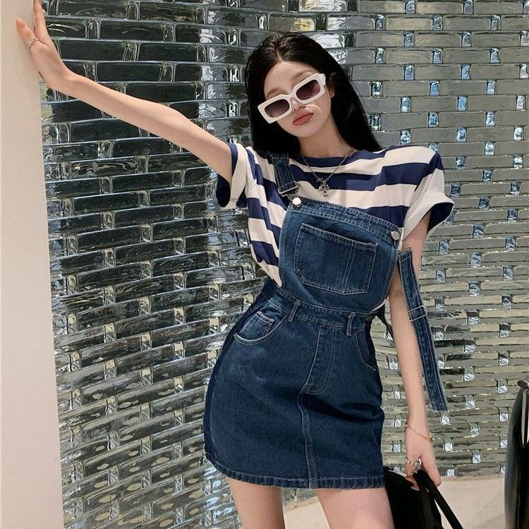 Denim suspender rok wanita musim panas pinggang chic desain Perancis kecil pinggang tinggi ramping r