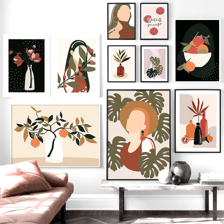 Abstract Girl Orange Leaf Flower Vintage Wall Art Canvas Painting Nordic Poster Prints Wall Pictures For Room Decoration Unframed Shopee Indonesia