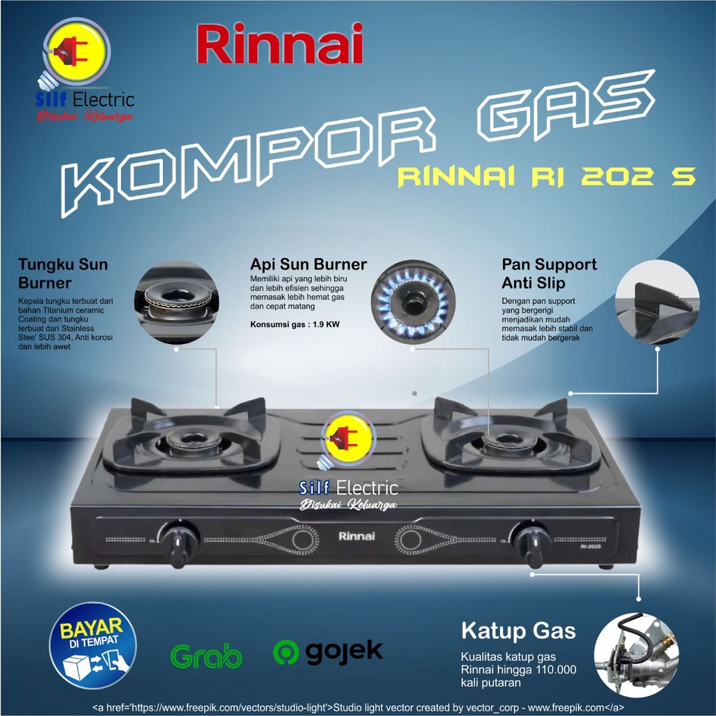 Kompor Gas Rinnai 2 Tungku RI 202 S / Kompor Rinnai 2 Tungku/Kompor Murah Promo 1 Set Plus Selang Regulator