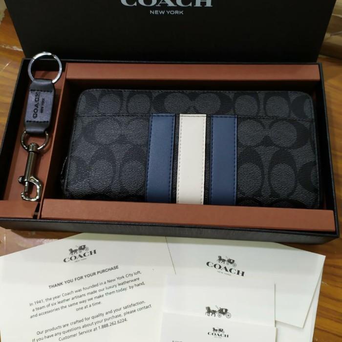 Dompet Panjang Pria Coach Wolf Strip Blue White Leather Original kulit