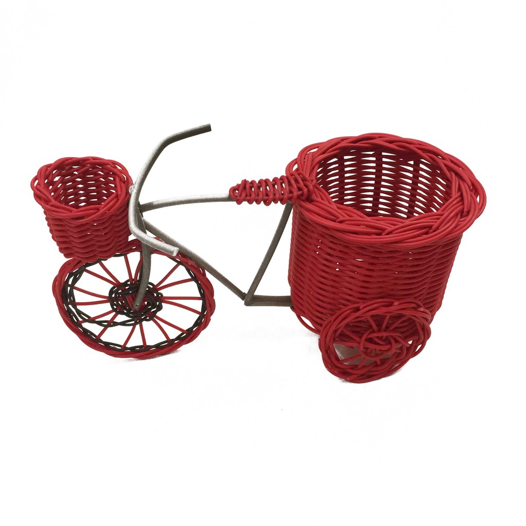 Miniatur Original Indonesian Handmade Rotan Plastik Sepeda Vas Pot Bunga Bulat 23 x 13 x 14 cm Merah