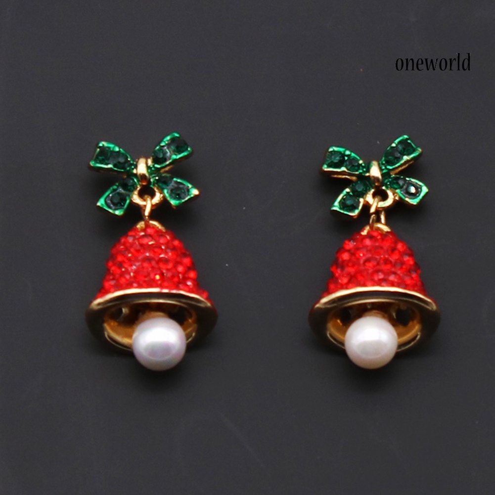 OW# Women Rhinestone Wind Chime Bell Bow Faux Pearl Stud Earrings Xmas Jewelry Gift