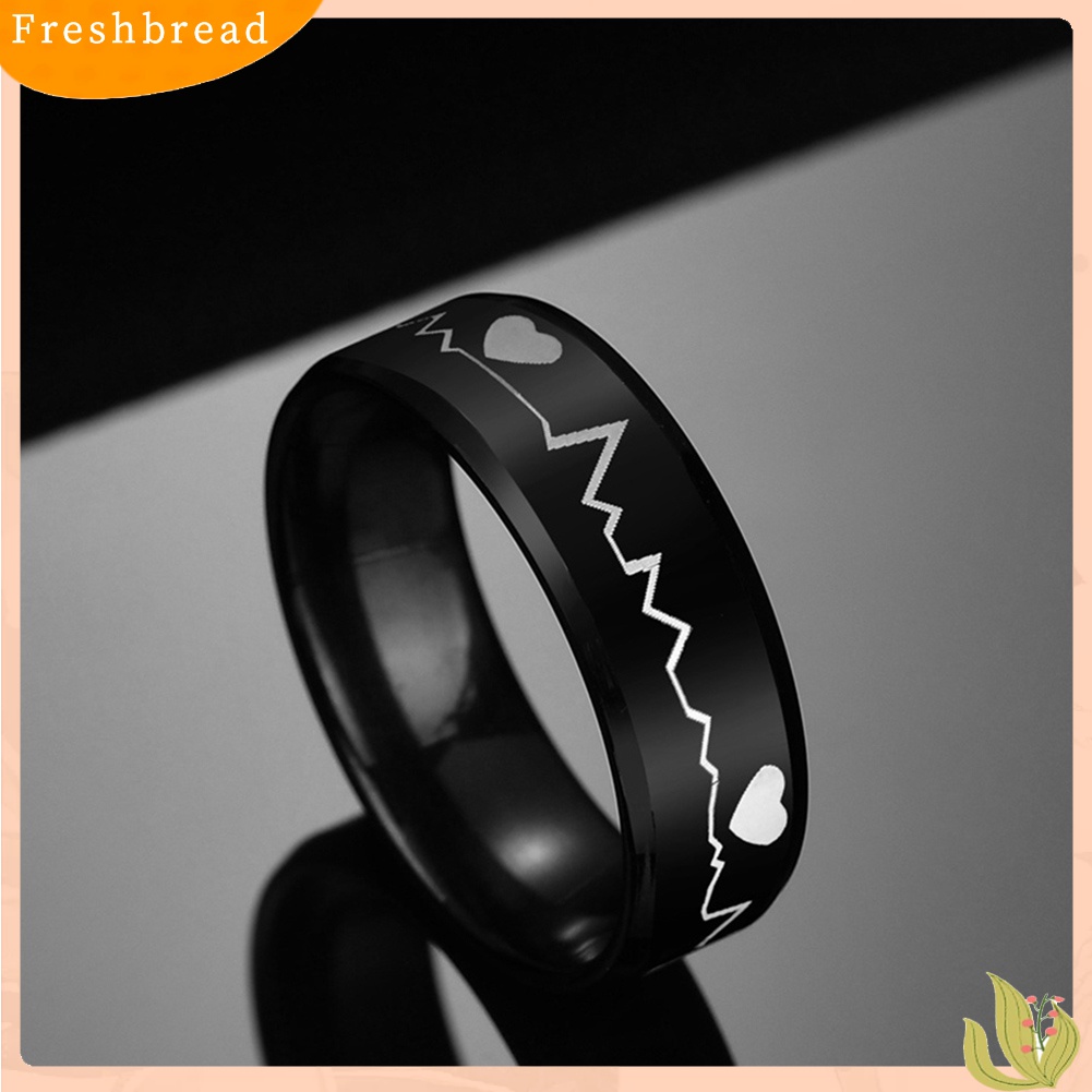 [Fresh] Cincin Pria Bahan Stainless Steel Hitam Motif ECG/Detak Jantung untuk Pesta/Club/Ulang Tahun