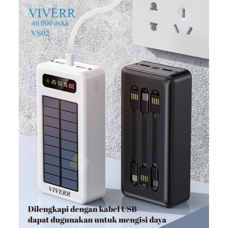 Powerbank VIVERR VS02 kapasitas 40.000mah menggunakan solar matahari 2in 1 real kapasitas garansi 1tahun.