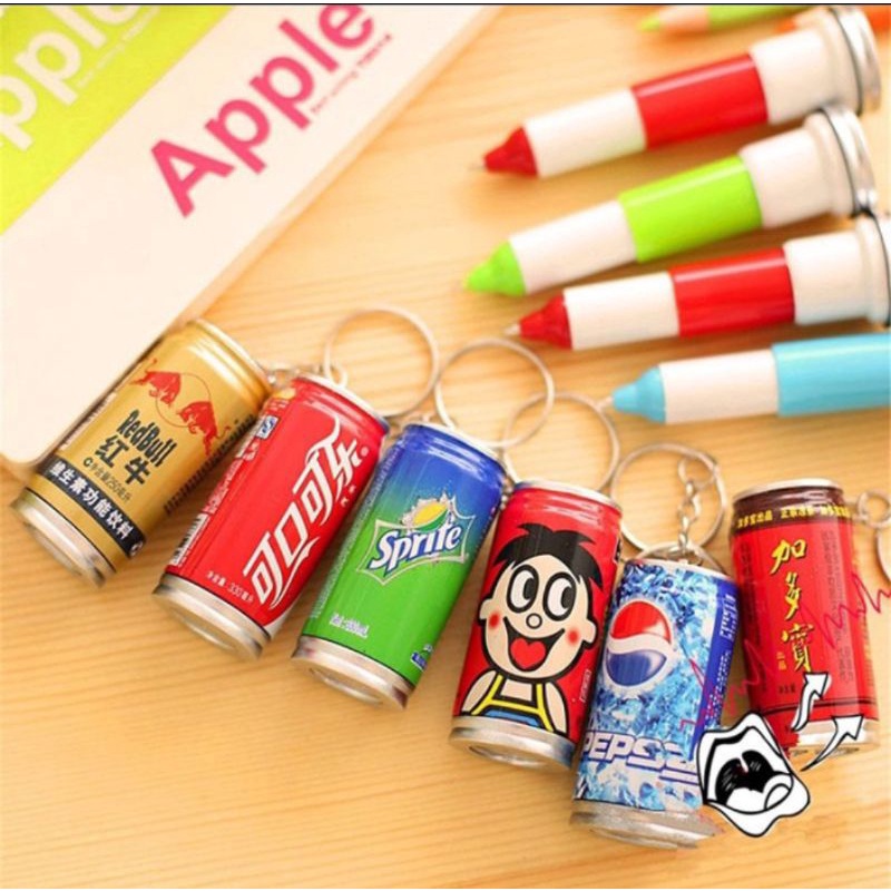 Gantungan Kunci + Pena Minuman Kaleng, Bolpoin, Pen, Ganci Miniatur 2 in 1