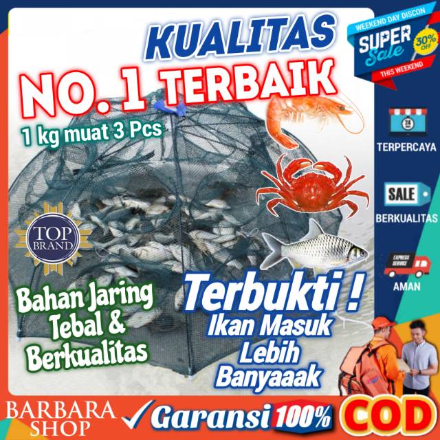 Perangkap ikan Jaring Jala Bubu Payung Bulat Lipat ikan Kepiting Udang Automatis Hexagonal 16 lubang