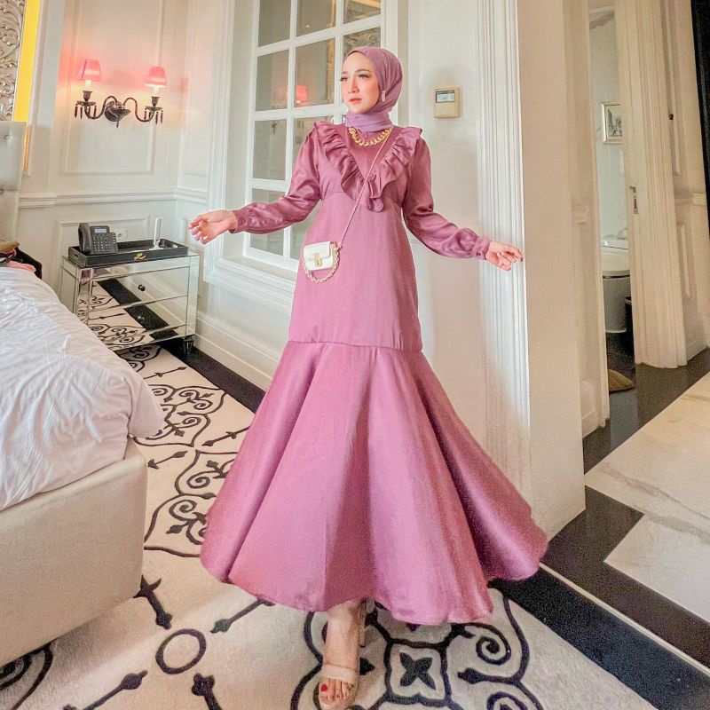 MEFHA MAXI DRESS SATIN SILK BUSANA MUSLIM LEBARAN BUSUI FRIENDLY KOREA DUSTY PINK PLUMP TERACOTTA BL