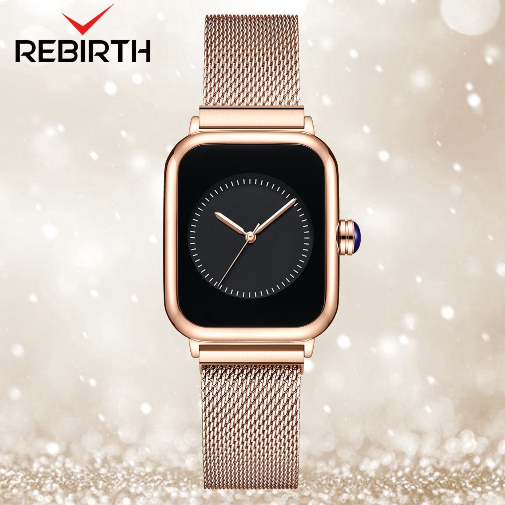 REBIRTH Jam Tangan Wanita Mode Square Dial Santai Display Kuarsa Tali Jala Tahan Air Jam Tangan Cewek-RoseGold