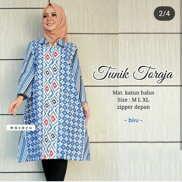 TUNIK TUNIC TORAJA MOTIF BATIK SULAWESI SELATAN MURAH BIRU UNIK KEKINIAN KERAH KOMBINASI SERAGAMAN