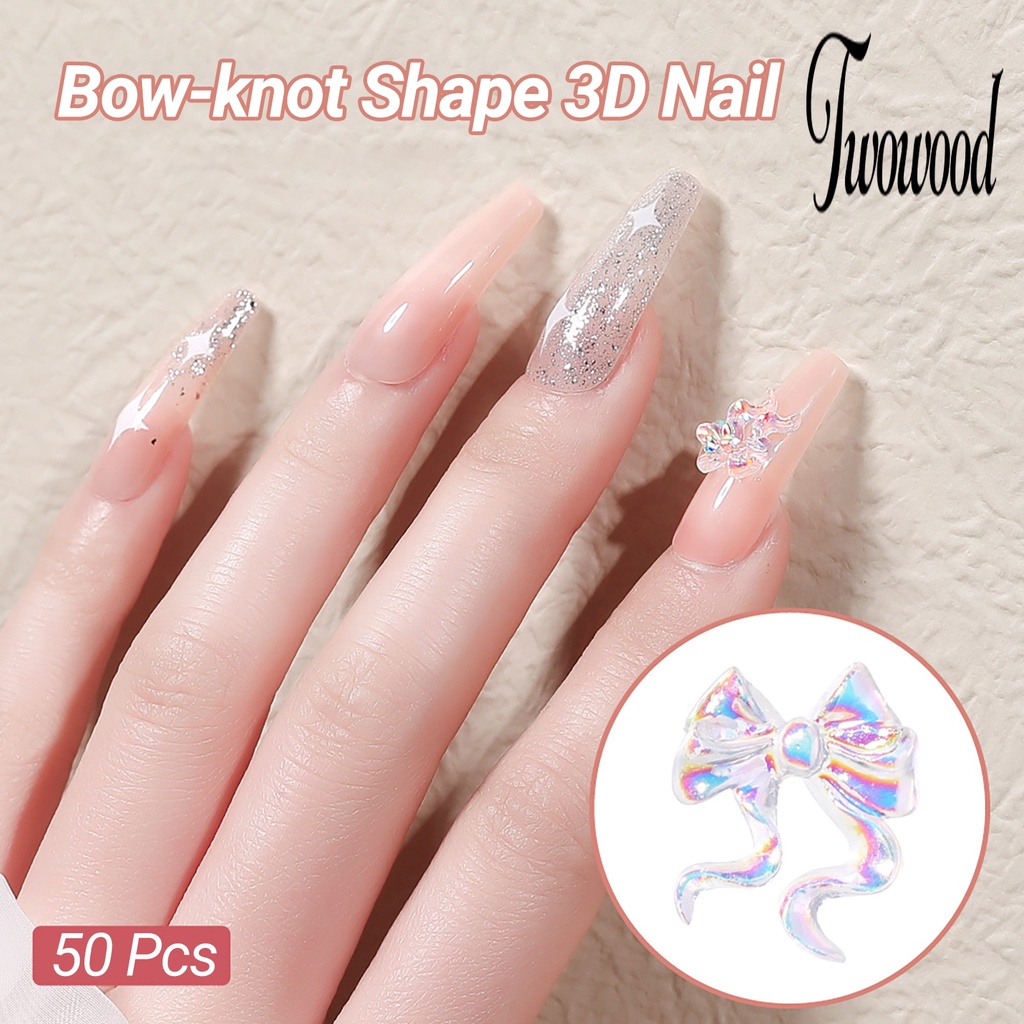 Twowood 50pcs / Set Hiasan Kuku 3D Bentuk Simpul Pita Untuk Dekorasi Nail Art / Manicure DIY