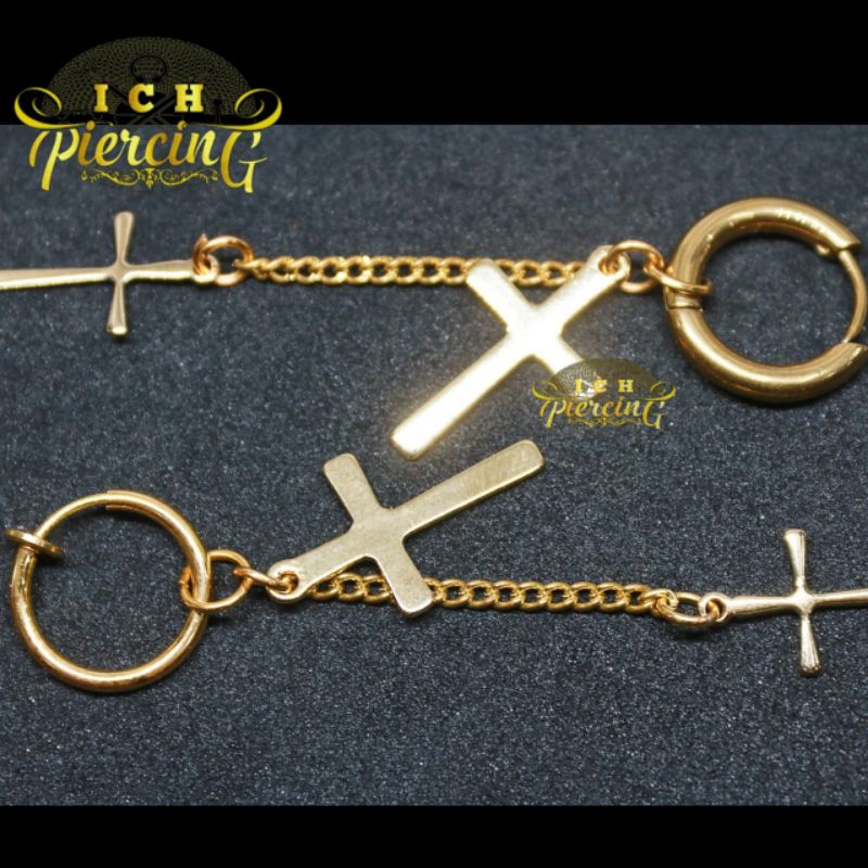 VIRAL Anting HOOP Salib Double Gold Titanium steel / Anting Pria wanita masa kini / Anting BTS / Anting SALIB / Anting K-Pop / Anting Terbaru / Anting Terlaris