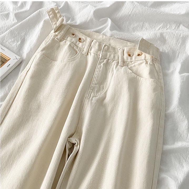 korean style new high waist longgar Creamy White/hitam celana jeans panjang wanita(realpict)