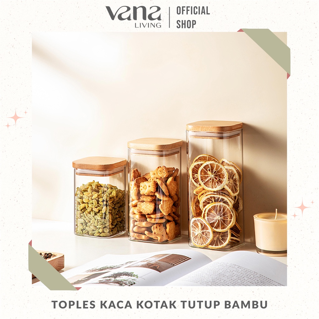 Vana Toples Tempat Bumbu Dapur Kaca Kotak Tutup Kayu Bambu Aesthetic Premium Borosilicate Glass Jar Untuk Makanan Ringan Teh Kopi Kue Kering