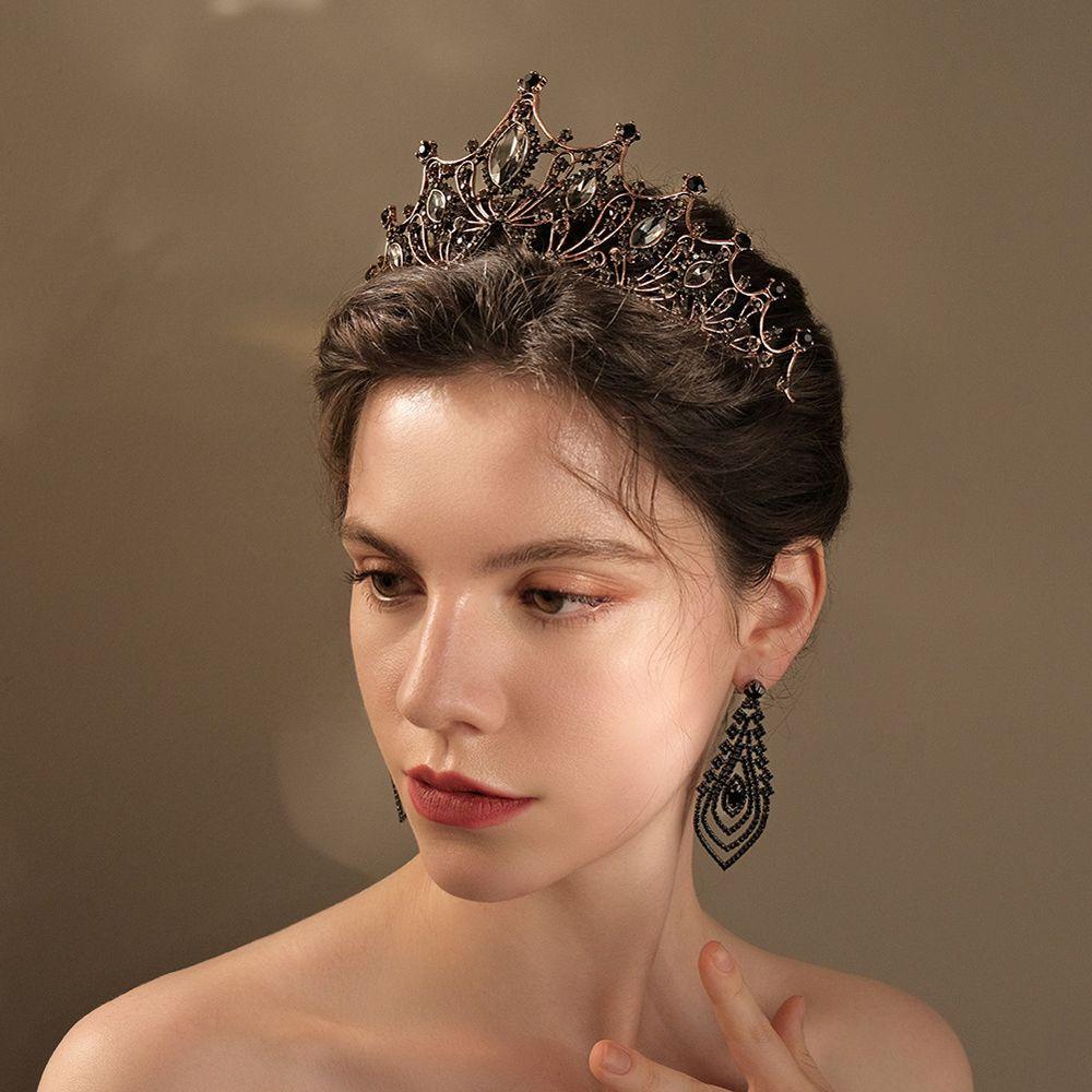 Needway   Baroque Kristal Tiara Retro Bar Mitzvah Gadis Hadiah Pernikahan Rambut Perhiasan Korea Bando Hitam Berlian Imitasi Mahkota