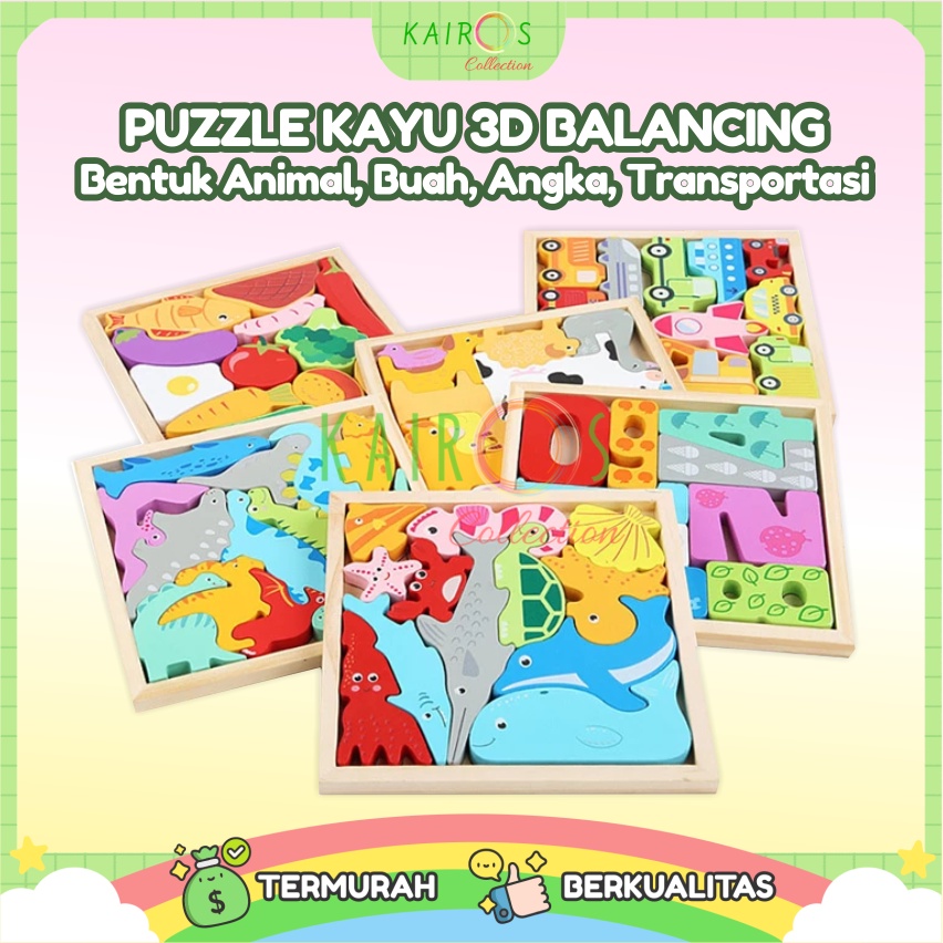 Puzzle Kayu 3D Balancing Mainan Edukasi Anak Aneka Motif Animal Buah Angka Transportasi Cocok Bentuk