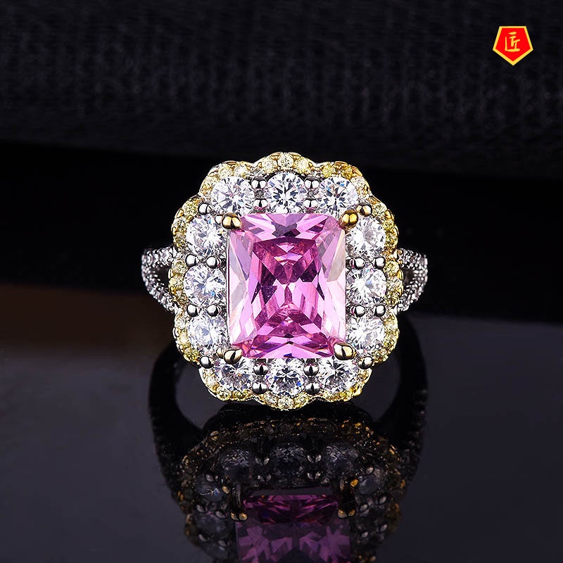 Cincin Kristal Berlian Bentuk Kotak Warna Pink