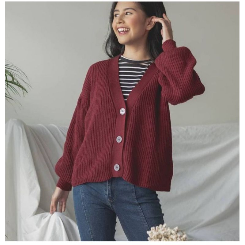 MALIKA CARDY OVERSIZE / Cardigan Rajut Oversize / Baju Rajut / Cardi Crop-Maroon